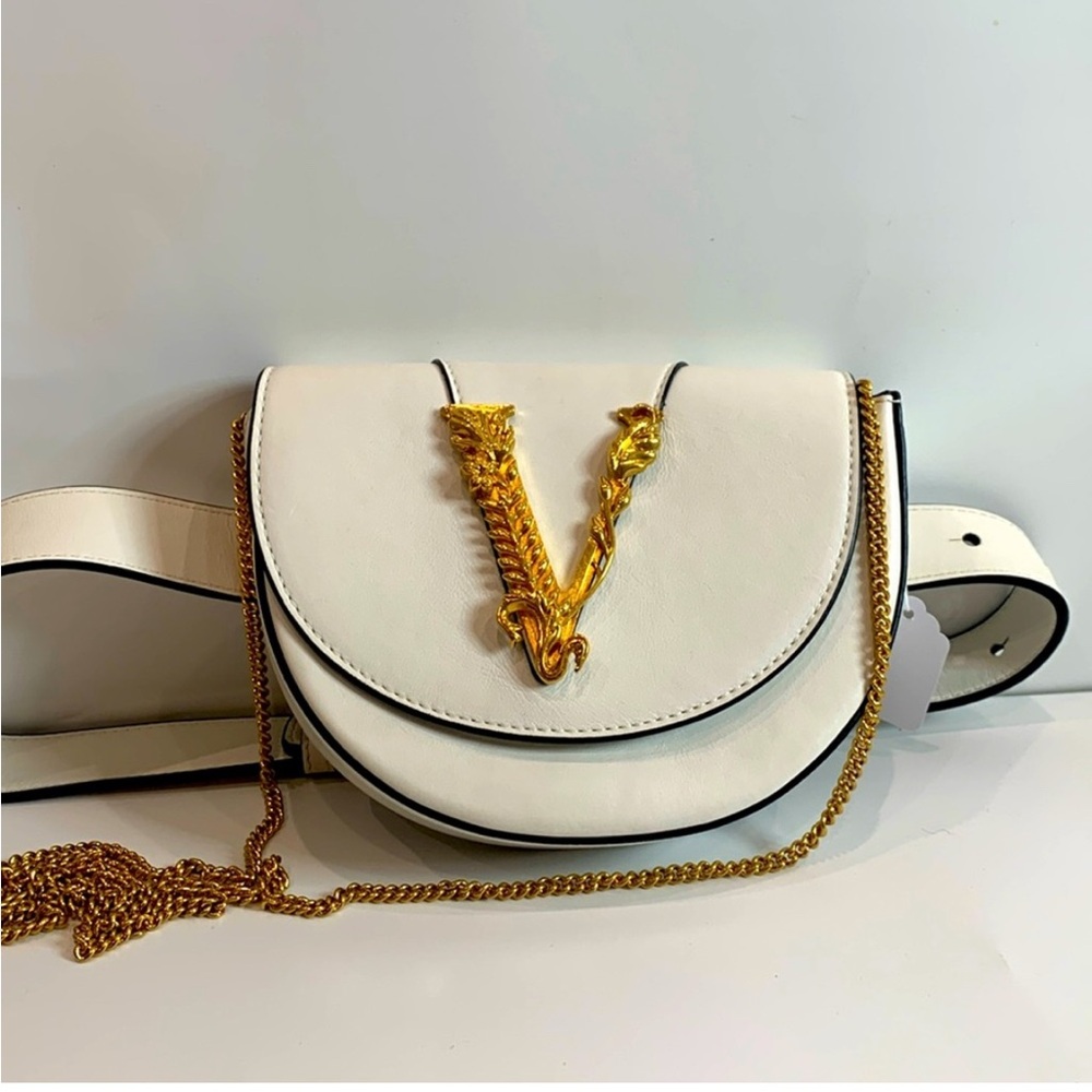 Versace White and Gold Virtis Crossbody Bag with Chain Strap